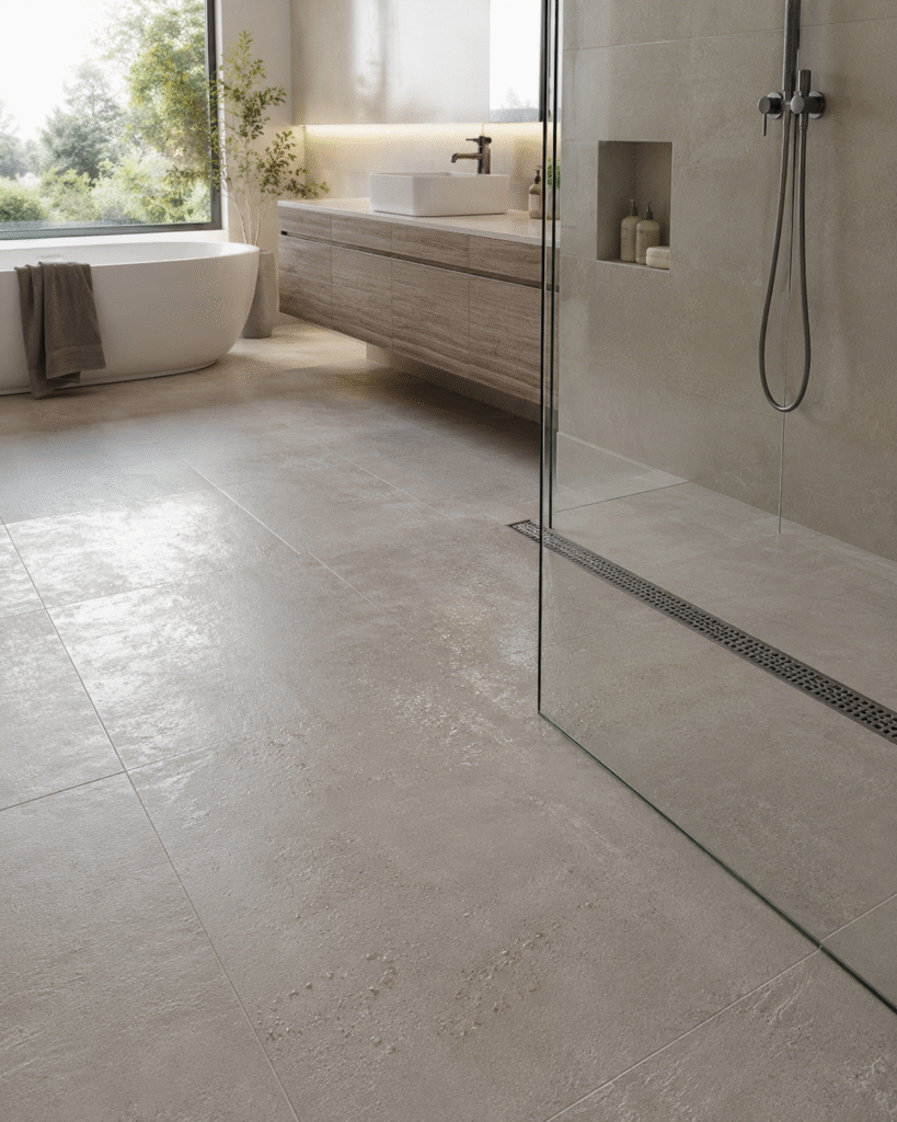 Wet room design Newcastle with waterproof flooring and drainage